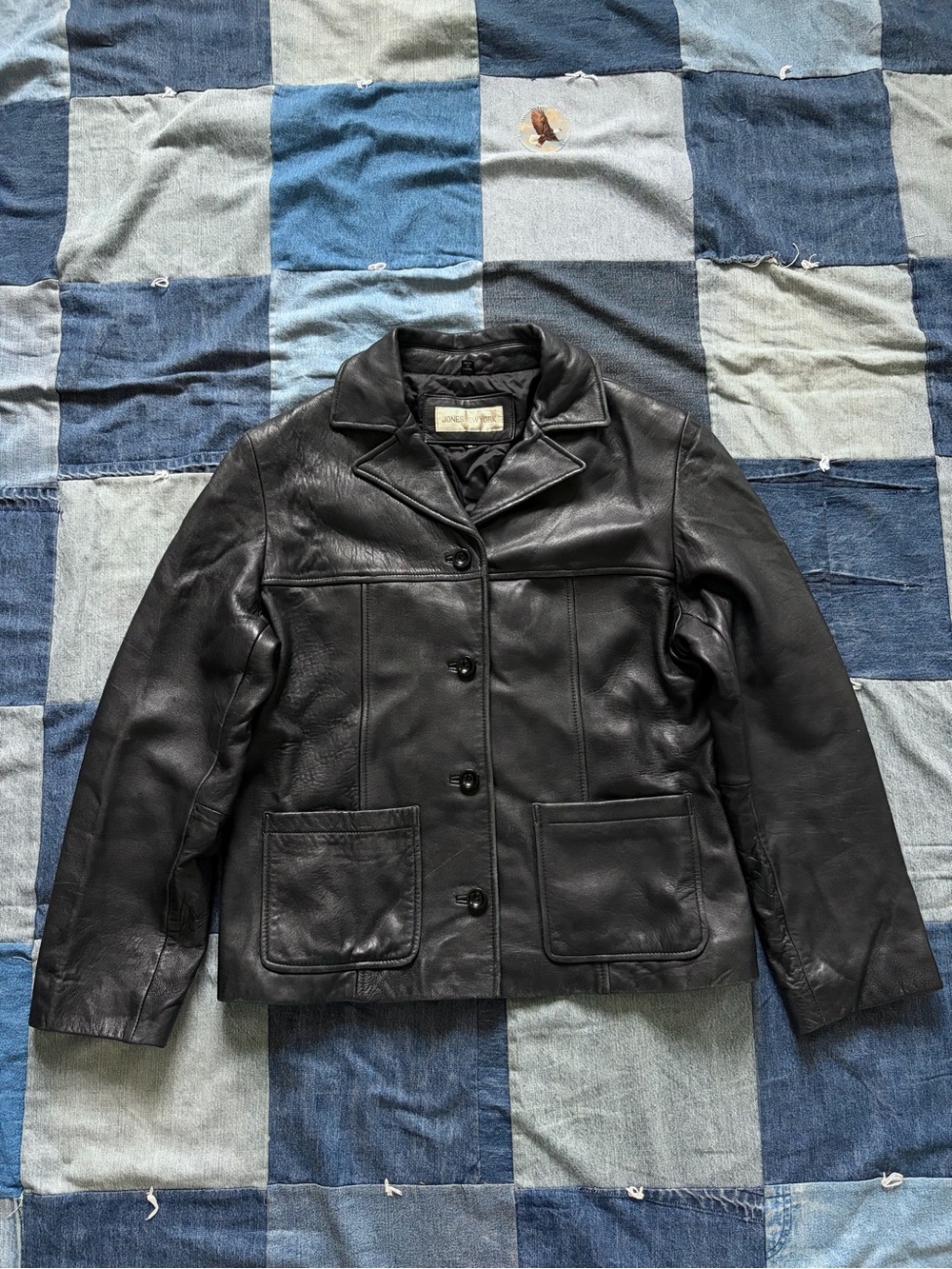 Vintage Black Leather Chore Jacket Jones New York Button Up 90s Soft Size M